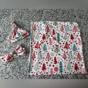 Holiday Newborn Blanket with Matching Bow and Hat